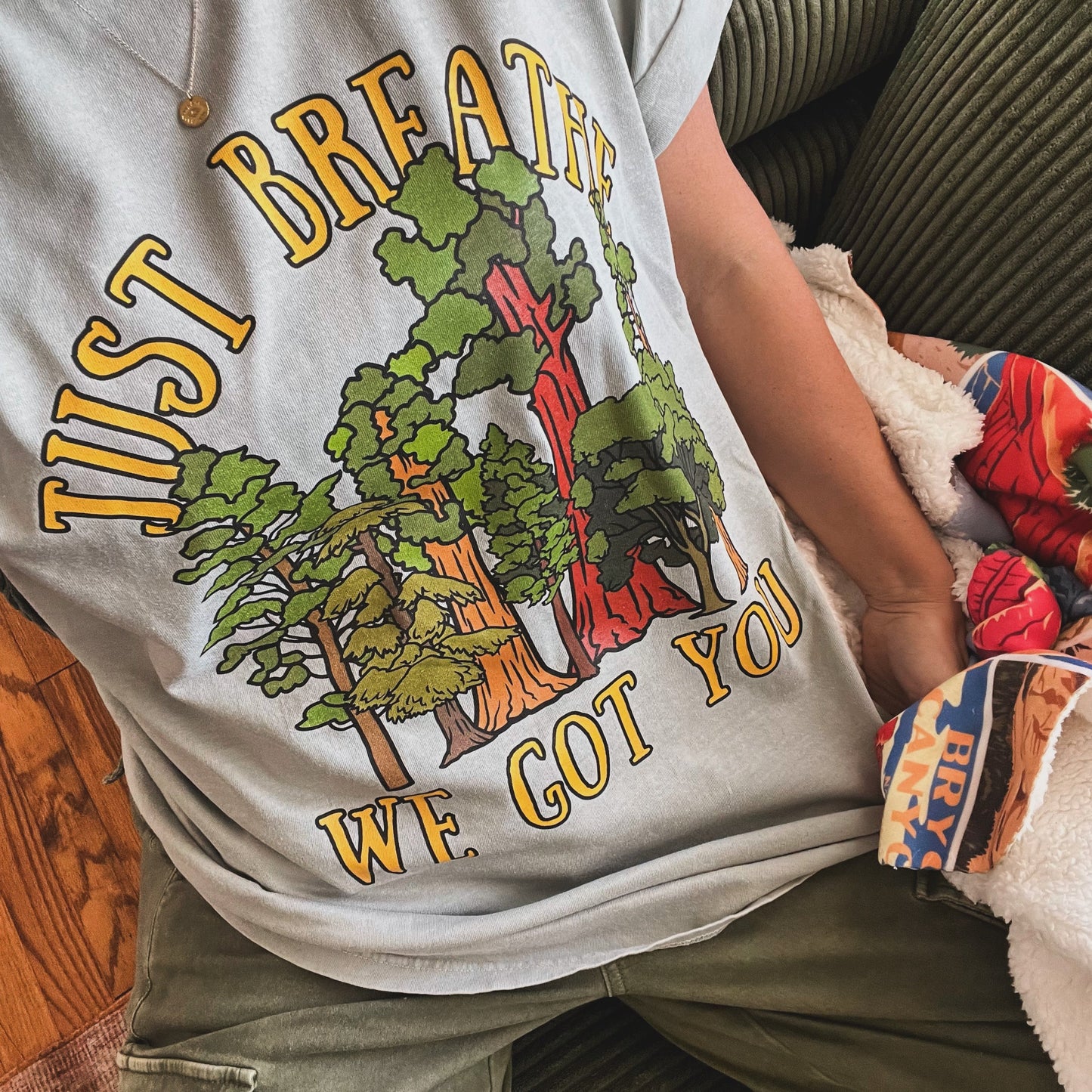 Just Breathe, We Got You Tree T-Shirt featuring colorful tree graphics, perfect for nature lovers and casual wear.