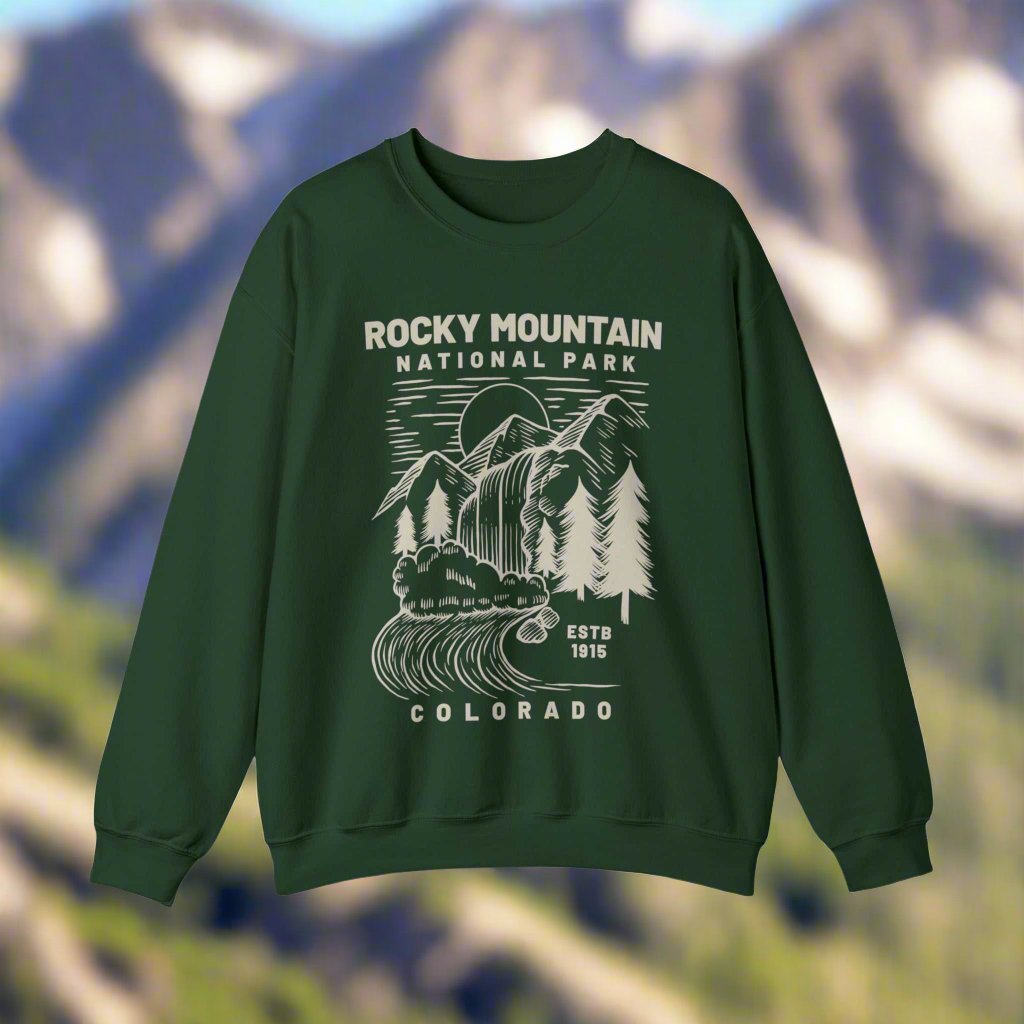 Rocky Mountain National Park SweatshirtBring the beauty of Rocky Mountain National Park of Colorado into your wardrobe with this simple waterfall and mountain landscape cozy and comfy crewneck sweatshirt