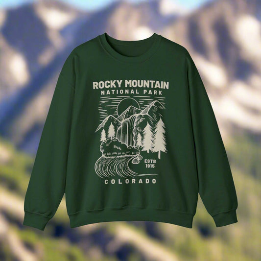 Rocky Mountain National Park SweatshirtBring the beauty of Rocky Mountain National Park of Colorado into your wardrobe with this simple waterfall and mountain landscape cozy and comfy crewneck sweatshirt