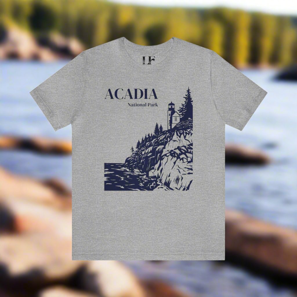 Acadia National Park Bar Harbor ShirtA classic Acadia National Park T-Shirt featuring the Bass Harbor Head Lighthouse landscape on the rocky New England Atlantic coastline.
Details:
- 100% jersey cotton