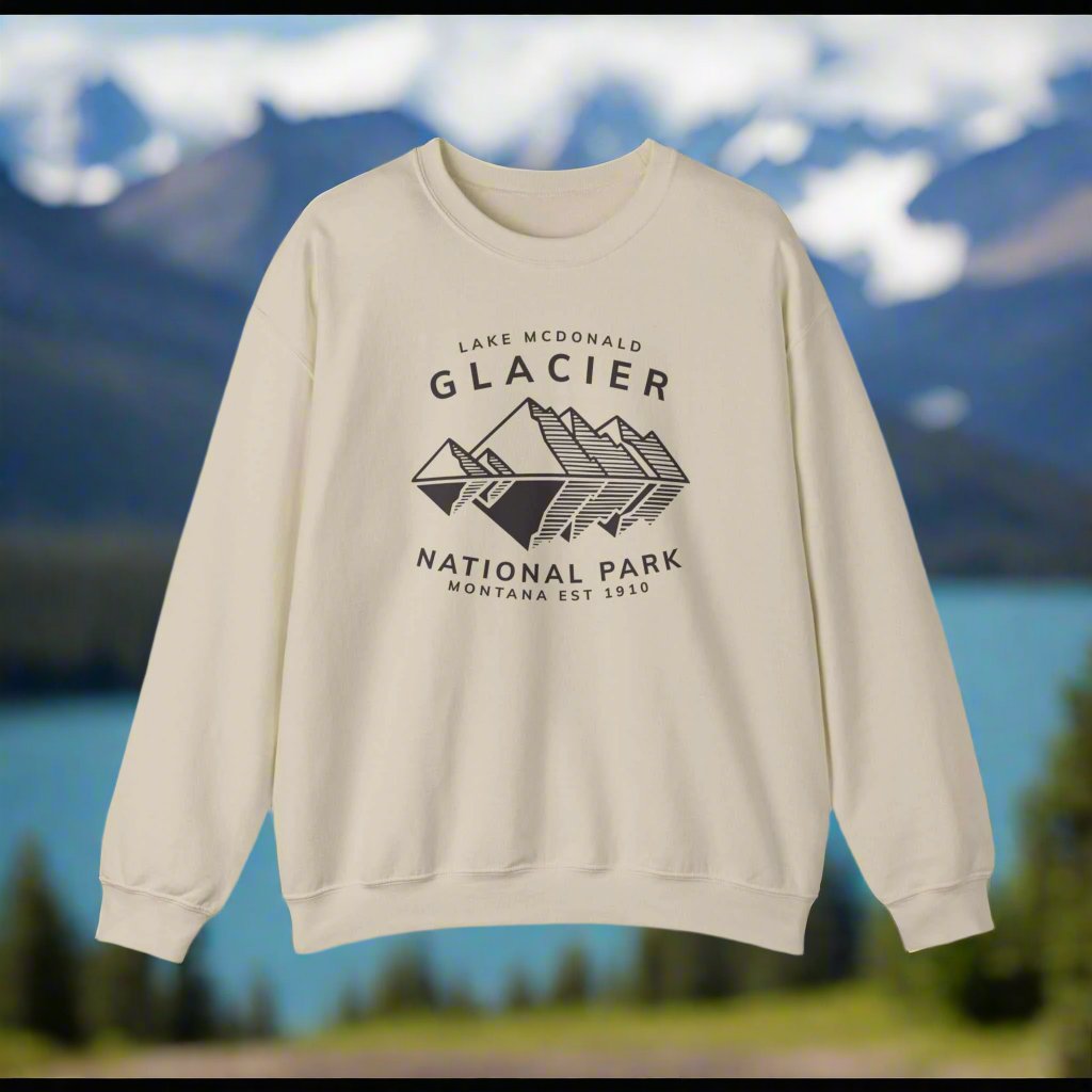 Glacier Lake McDonald National Park SweatshirtBring the beauty of Lake McDonald in Glacier National Park in the Rocky Mountains of Montana into your wardrobe with this ultrasoft and lightweight jersey cotton t-s
