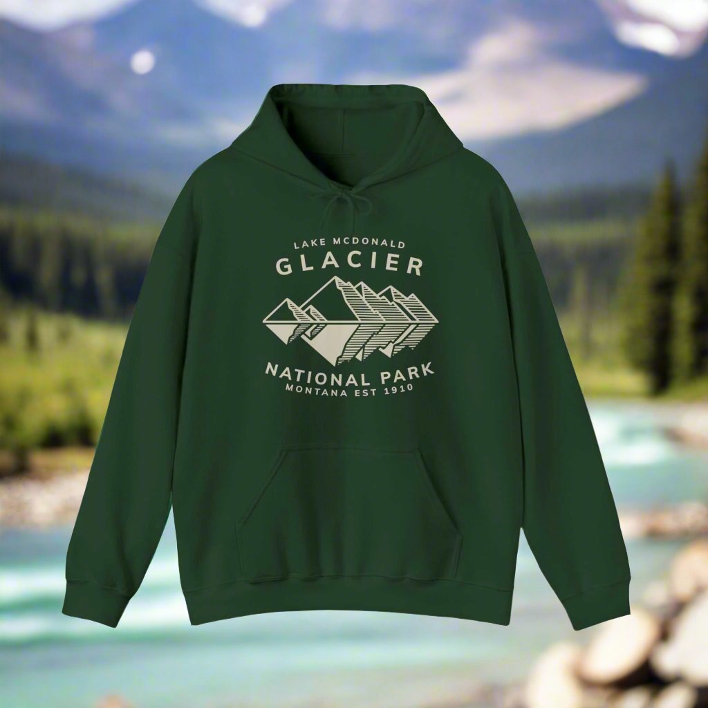 Glacier Lake McDonald National Park SweatshirtBring the beauty of Lake McDonald in Glacier National Park in the Rocky Mountains of Montana into your wardrobe with this ultrasoft and lightweight jersey cotton t-s