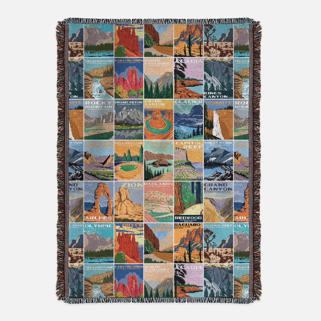 National Park Woven BlanketSnuggle up your little one with this National Park adventures baby blanket. Inspired by vintage National Park posters. The colors are gender neutral and a perfect ad
