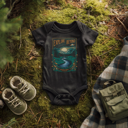 Explore Beyond baby onesie on moss with hiking boots and plaid blanket, perfect for tiny adventurers.