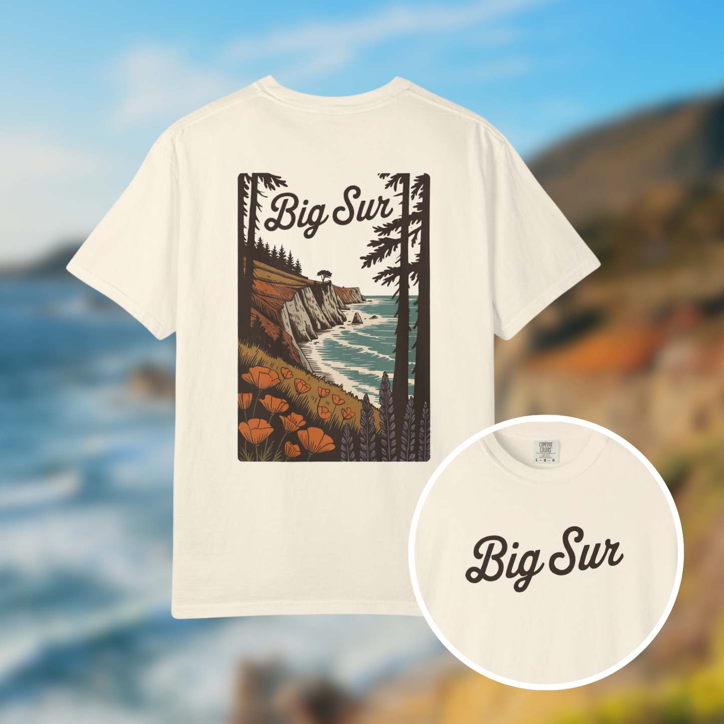 Big Sur State Park shirt featuring coastline scenery, wild poppies, and vintage design on a soft cream tee.