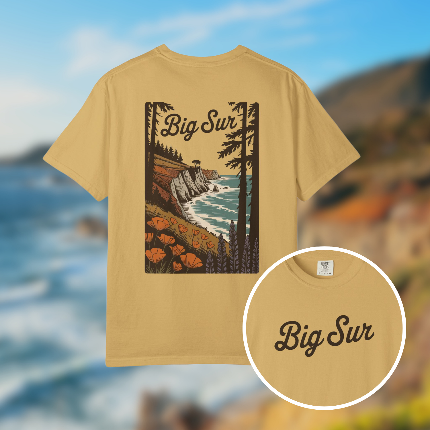 Big Sur State Park vintage t-shirt featuring coastal scenery and wildflowers on a soft yellow background.