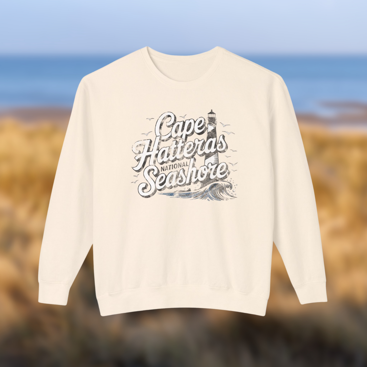 Cape Hatteras National Seashore crewneck sweatshirt with lighthouse design and coastal vibe.