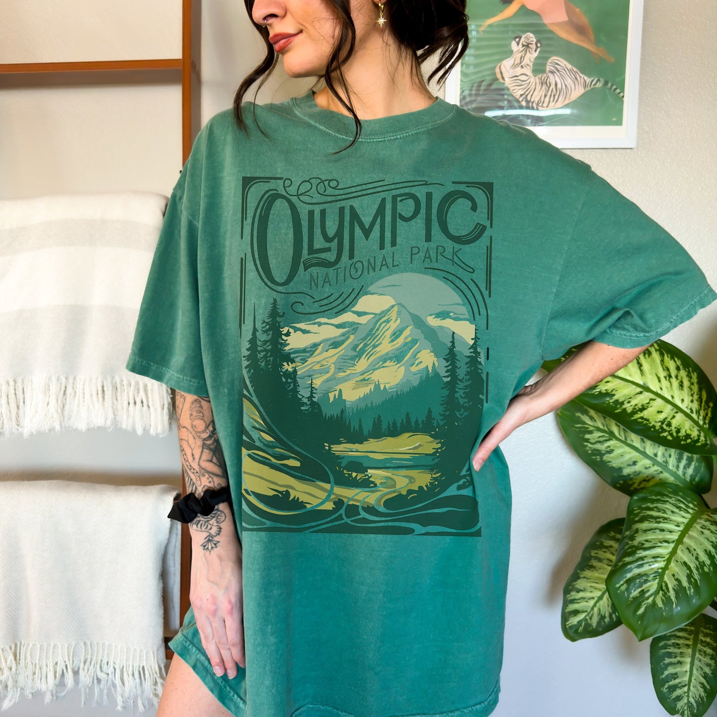 Vintage Olympic National Park 1938 T-shirt in green featuring scenic mountain and forest design, perfect for outdoor adventures.