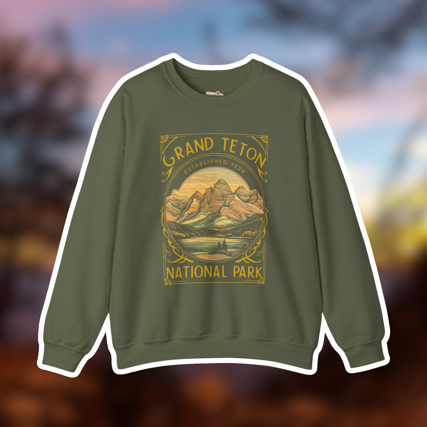 Grand Teton National Park 1929 crewneck sweatshirt with vintage design in olive green. Cozy and unisex fit for adventurers.