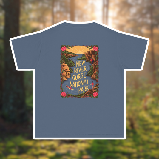 New River Gorge National Park youth tee featuring gorge design and rhododendrons for adventurous kids.