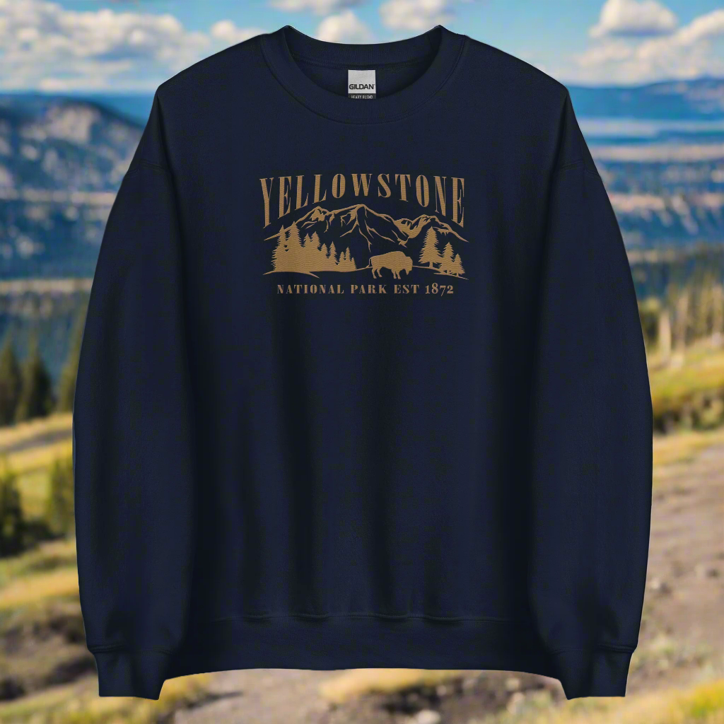 Yellowstone National Park Embroidered Crewneck SweatshirtBring the majesty of Yellowstone National Park into your wardrobe with this embroidered boyfriend crewneck sweatshirt inspired by the iconic Rocky Mountains and wild