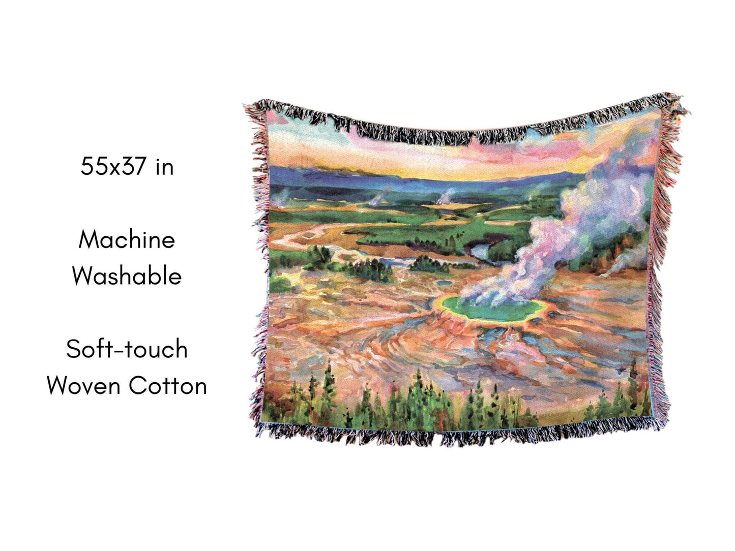 Yellowstone National Park Woven BlanketCozy up and remember all your favorite memories from your Yellowstone National Park adventures with this soft woven blanket featuring an original artist watercolor p