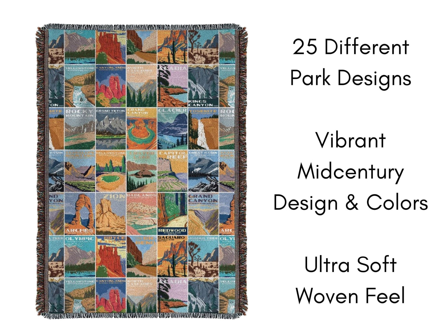 National Park Woven BlanketSnuggle up your little one with this National Park adventures baby blanket. Inspired by vintage National Park posters. The colors are gender neutral and a perfect ad