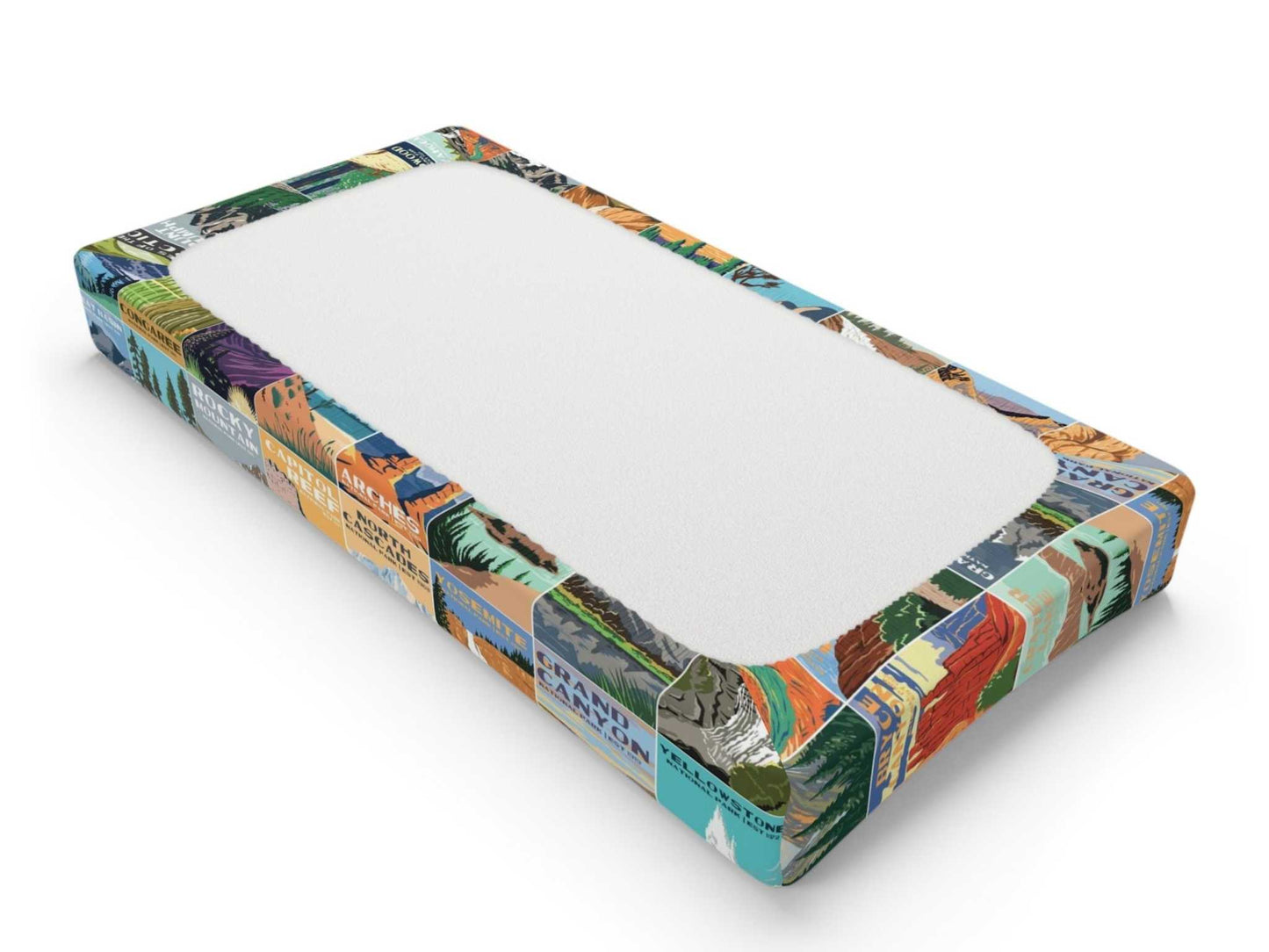 National Park Baby Changing Pad CoverComplete your National Park adventure themed nursery with this baby changing pad cover inspired by vintage National Park posters. The colors are gender neutral and a