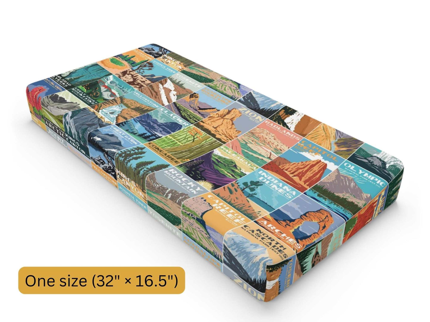National Park Baby Changing Pad CoverComplete your National Park adventure themed nursery with this baby changing pad cover inspired by vintage National Park posters. The colors are gender neutral and a