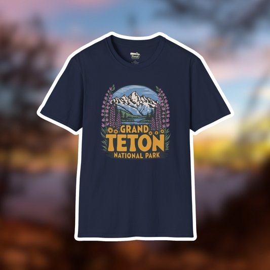 Grand Teton National Park Camp Tee featuring mountains and wildflowers design on a navy shirt. Perfect for outdoor adventures.