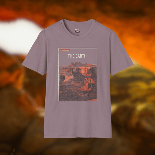 Earth Tee Nature Library featuring vintage natural history cover design on a purple t-shirt.