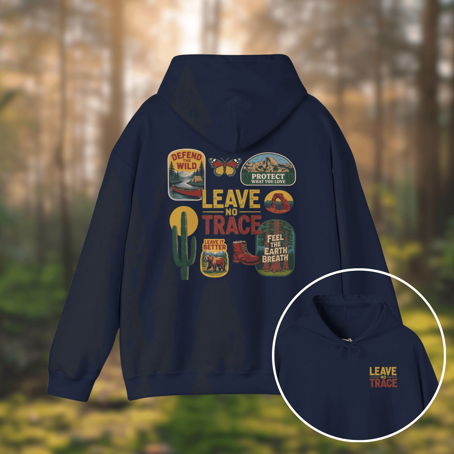 Leave No Trace Hoodie featuring vintage patches and graphics promoting outdoor stewardship in a forest setting.