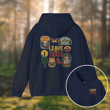 Leave No Trace Hoodie featuring vintage patches and graphics promoting outdoor stewardship in a forest setting.