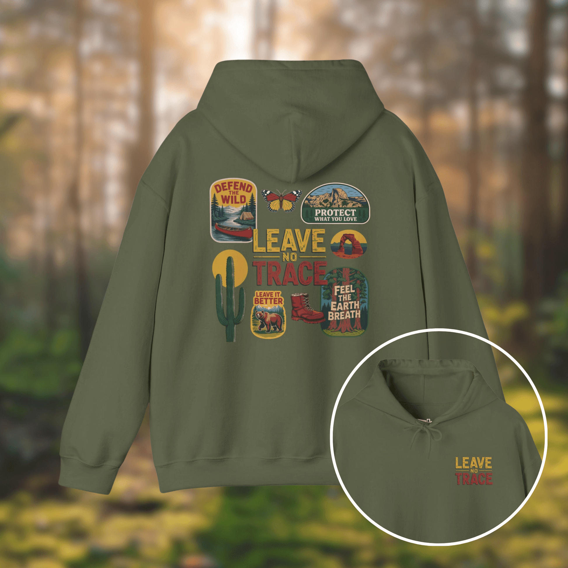 Leave No Trace Hoodie featuring vintage-inspired patches and graphics in a forest setting.