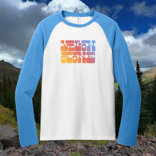 Yellowstone Heritage Raglan Tee featuring a vintage sunset graphic on a long sleeve shirt.