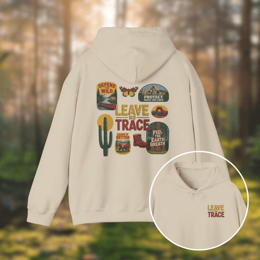 Leave No Trace Hoodie featuring outdoor graphics and patches in a cozy design, perfect for adventure lovers.