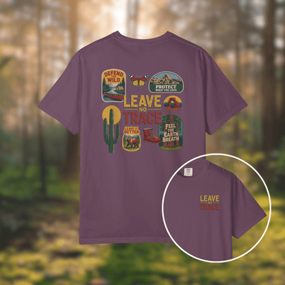 Leave No Trace tee with vintage patches and graphics celebrating outdoor stewardship and adventure.