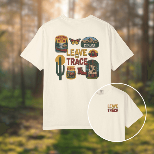 Leave No Trace tee featuring vintage-inspired patches and graphics in a natural setting.