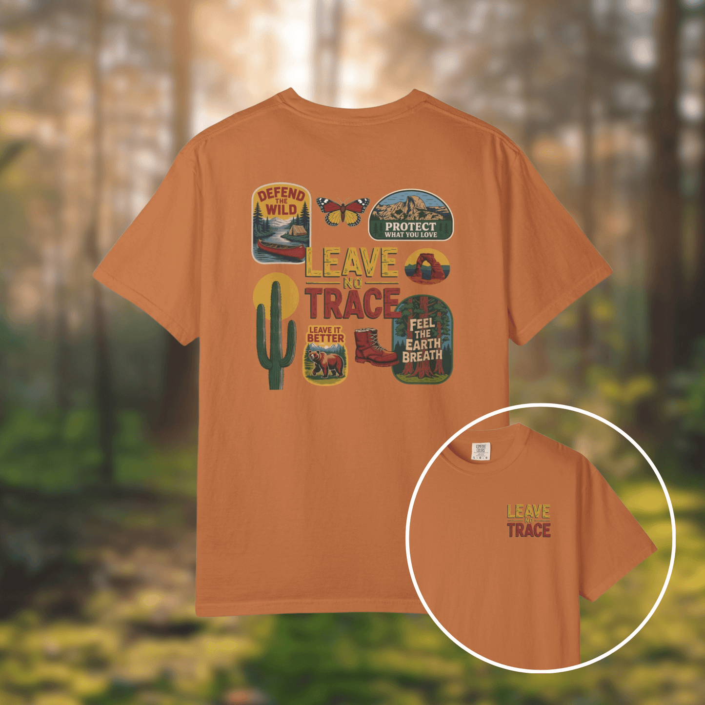 Leave No Trace tee featuring vintage patches and graphics of nature, cacti, and wildlife on a rustic orange background.