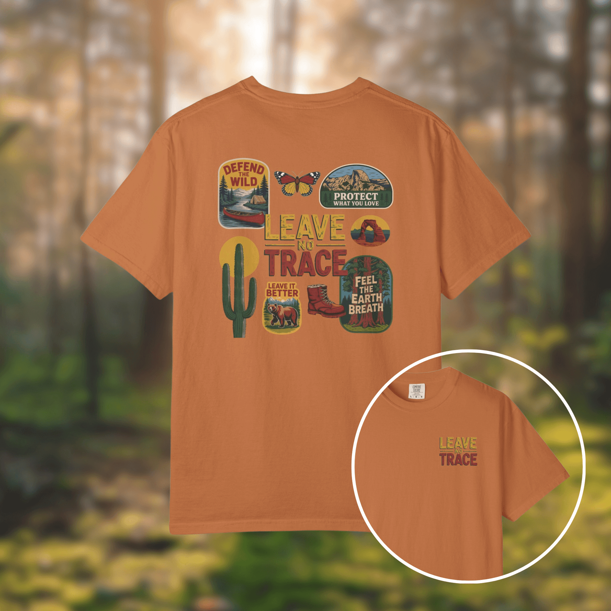 Leave No Trace tee featuring vintage patches and graphics of nature, cacti, and wildlife on a rustic orange background.