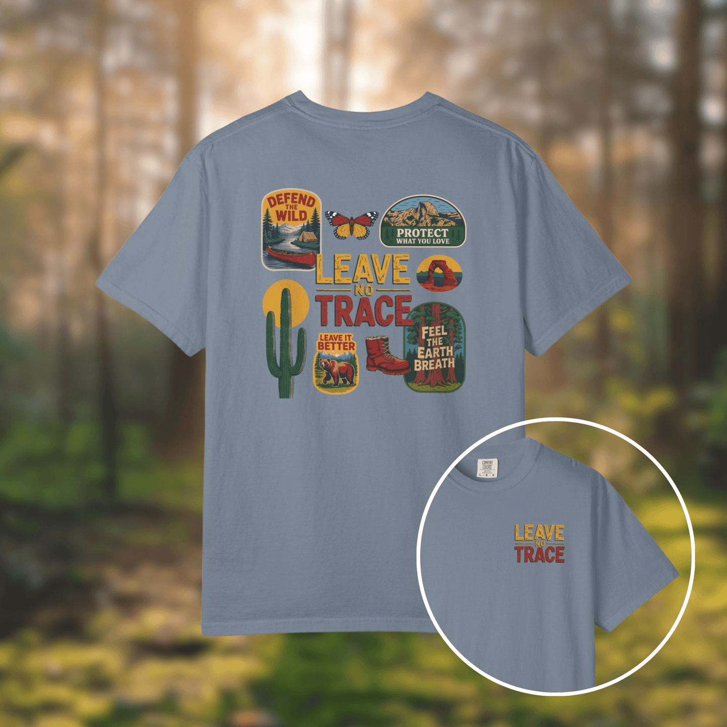 Leave No Trace tee featuring vintage patches and graphics in a nature-inspired design.