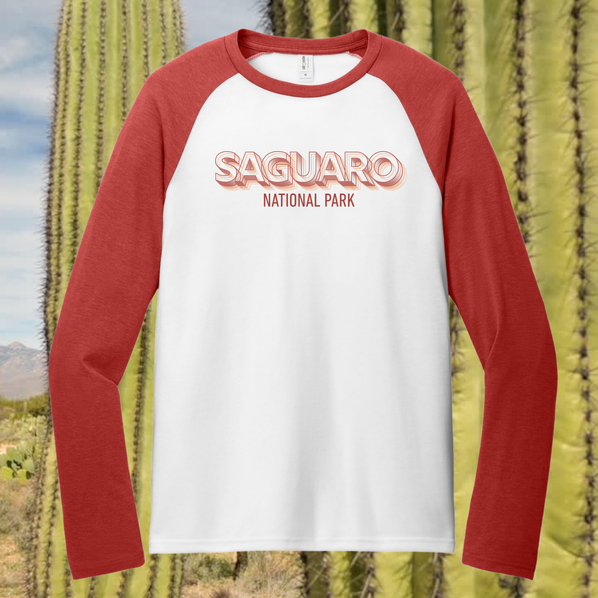 Saguaro Heritage Raglan Tee featuring retro 'SAGUARO NATIONAL PARK' lettering and canyon-red sleeves.