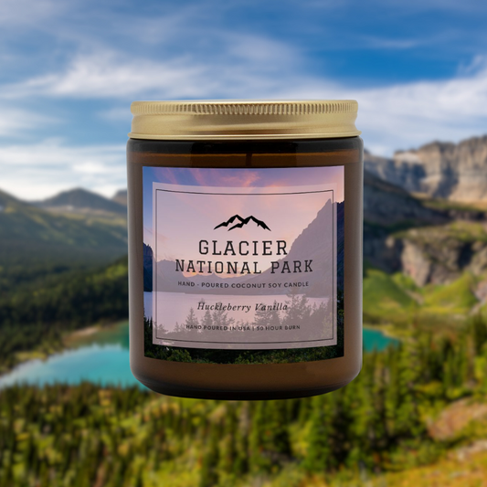 Glacier National Park Huckleberry Vanilla CandleBring home the smell of the most beautiful places on earth, with these 9 oz coconut soy wax hand-poured National Park candles. 
The Glacier National Park scent is a 