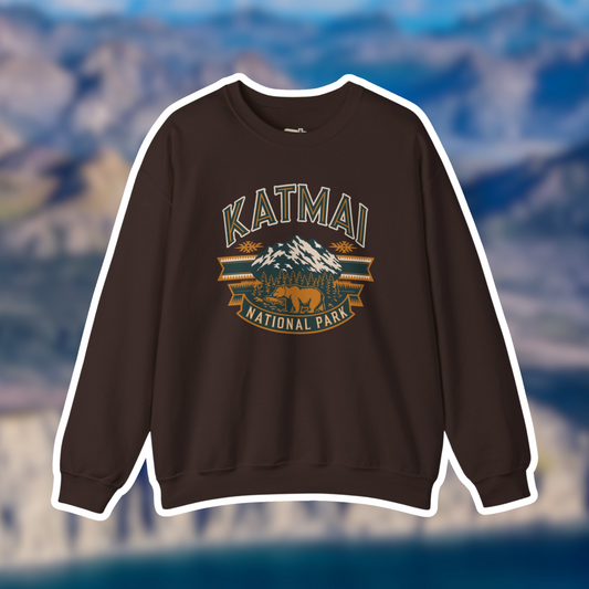 Katmai National Park crewneck sweatshirt featuring mountain graphics, perfect for outdoor adventures and cozy days at home.