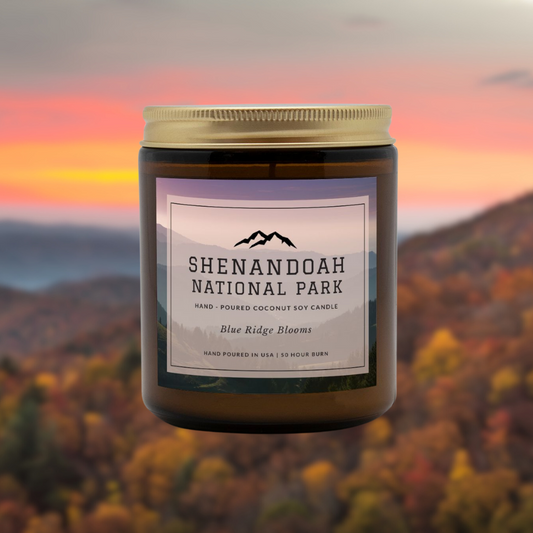 Shenandoah National Park Blue Ridge Blooms CandleBring home the smell of the most beautiful places on earth, with these 9 oz coconut soy wax hand-poured National Park candles. These National Park Amber Jar Candles 