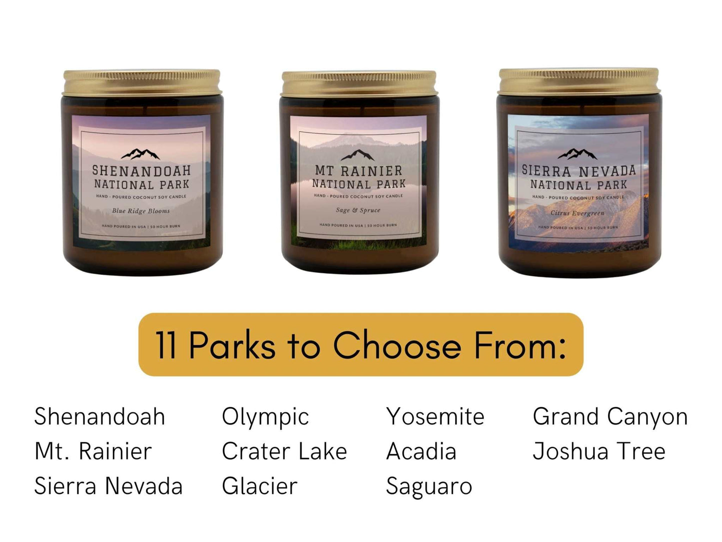 Yosemite National Park Lemon Evergreen CandleBring home the smell of the most beautiful places on earth, with these 9 oz coconut soy wax hand-poured National Park candles. These National Park Amber Jar Candles 