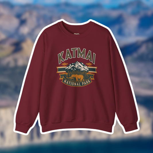 Maroon Katmai National Park sweatshirt featuring mountain graphic, ultra-soft, unisex sizing for cozy comfort.