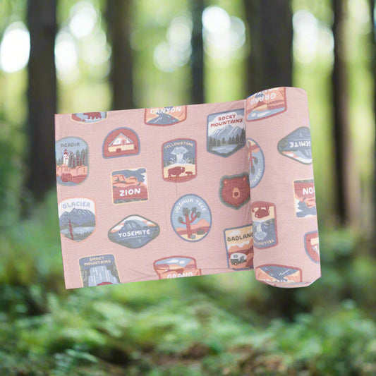 National Park Patches Pink Swaddle Blanket