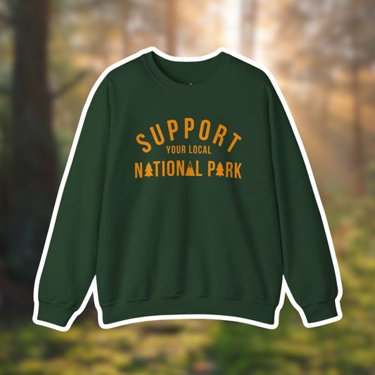 Cozy green sweatshirt with "Support Your Local National Park" design, perfect for outdoor enthusiasts and park lovers.