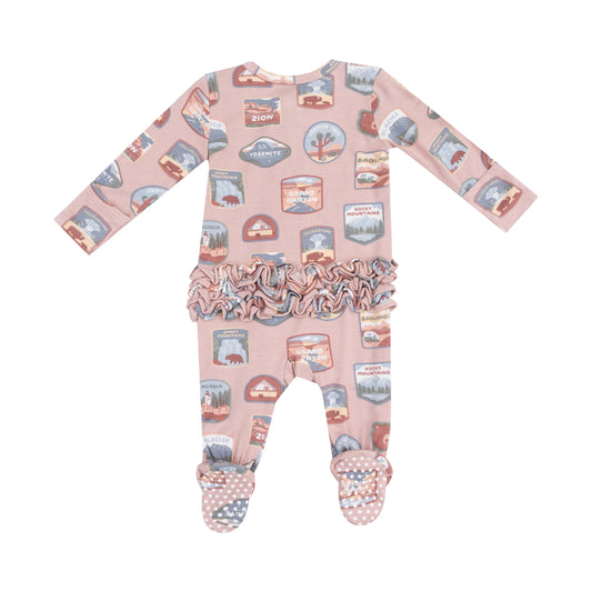 National Park Patches Pink 2 Way Zipper Ruffle Back Footie
