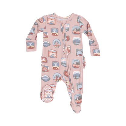 National Park Patches Pink 2 Way Zipper Ruffle Back Footie