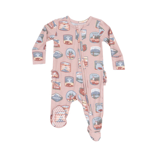 National Park Patches Pink 2 Way Zipper Ruffle Back Footie
