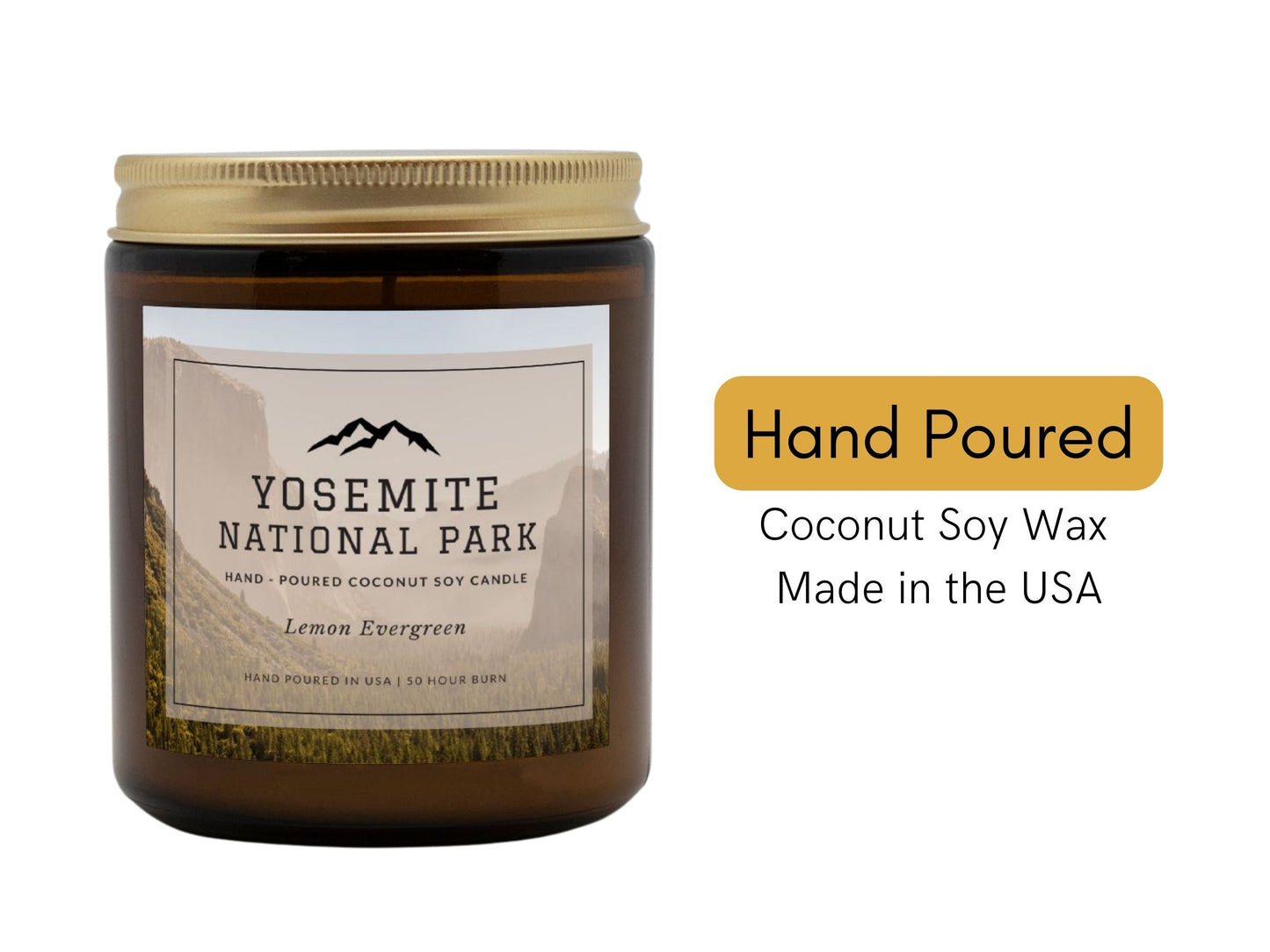 Yosemite National Park Lemon Evergreen CandleBring home the smell of the most beautiful places on earth, with these 9 oz coconut soy wax hand-poured National Park candles. These National Park Amber Jar Candles 