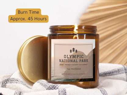 Olympic National Park Sage Beachwood CandleBring home the smell of the most beautiful places on earth, with these 9 oz coconut soy wax hand-poured National Park candles. These National Park Amber Jar Candles 