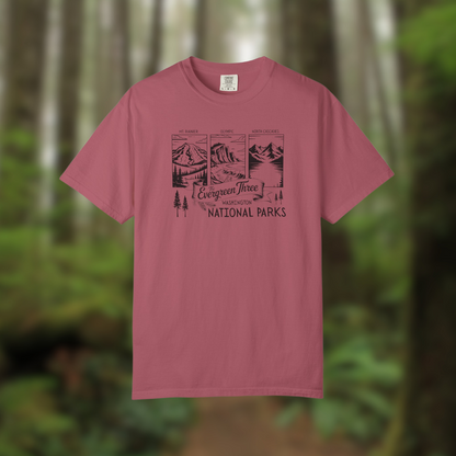 Washington Evergreen Three National Parks Tee showcasing Mount Rainier, Olympic, and North Cascades in a nature-inspired design.