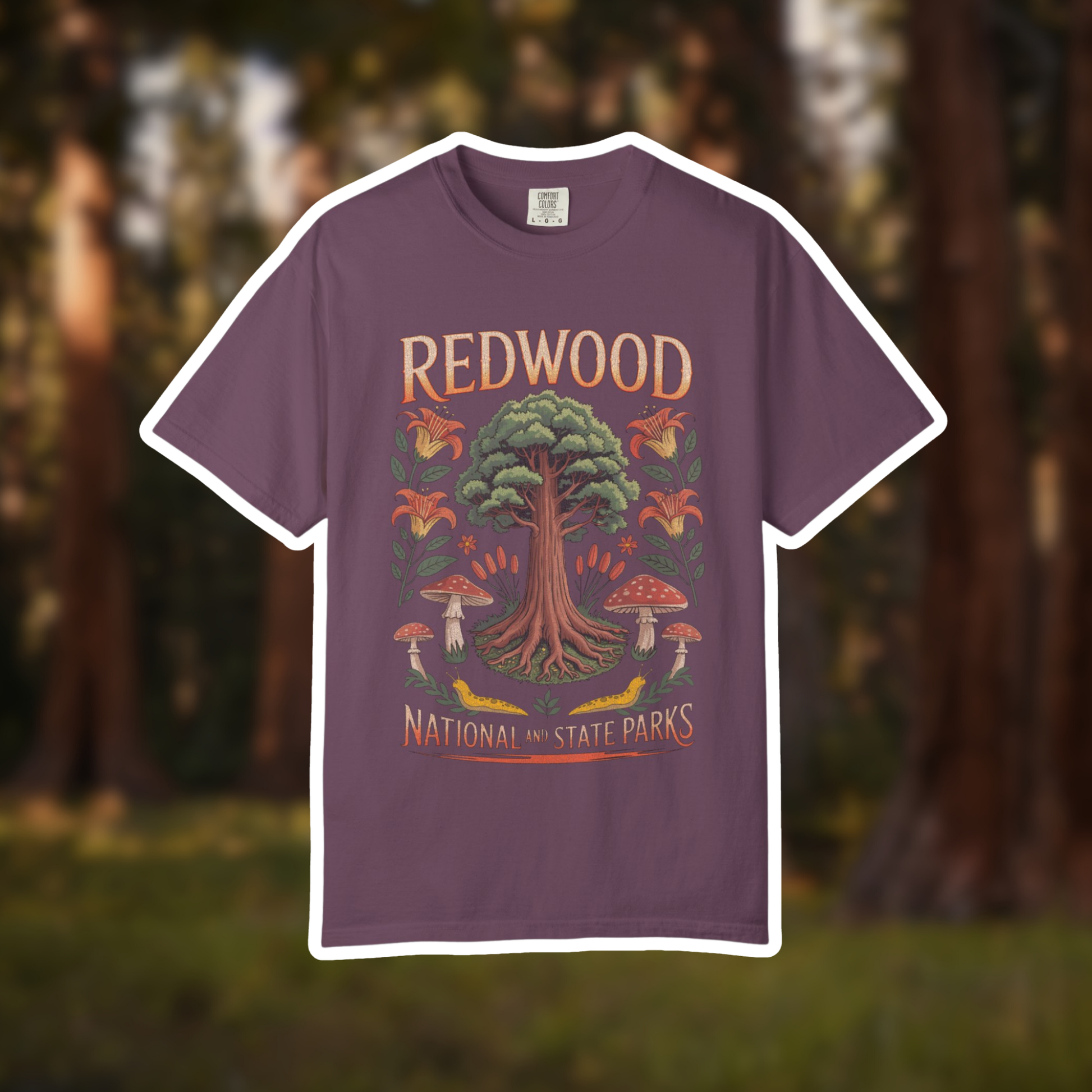 Redwood National Parks tee featuring a colorful tree and mushrooms, perfect for nature lovers.