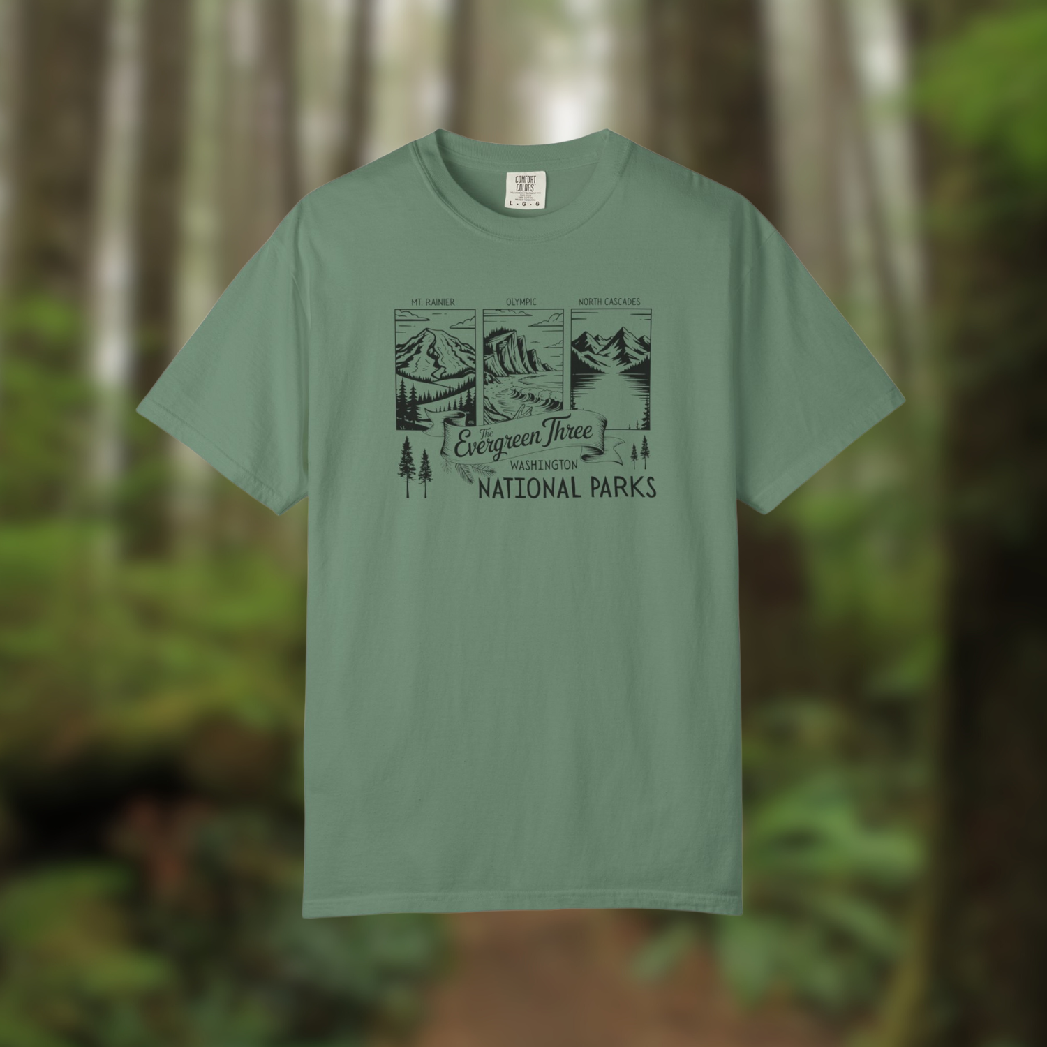 Washington Evergreen Three National Parks Tee showcasing Mount Rainier, Olympic, and North Cascades in a nature-inspired design.