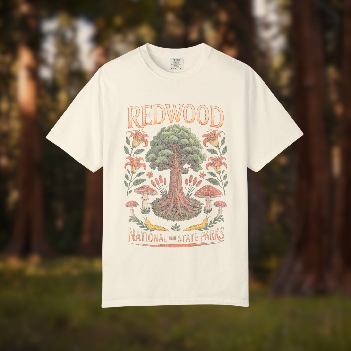 Redwood National Parks tee featuring a colorful tree and floral design, perfect for nature lovers.
