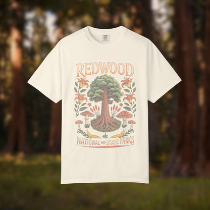 Redwood National Parks tee featuring a colorful tree and floral design, perfect for nature lovers.