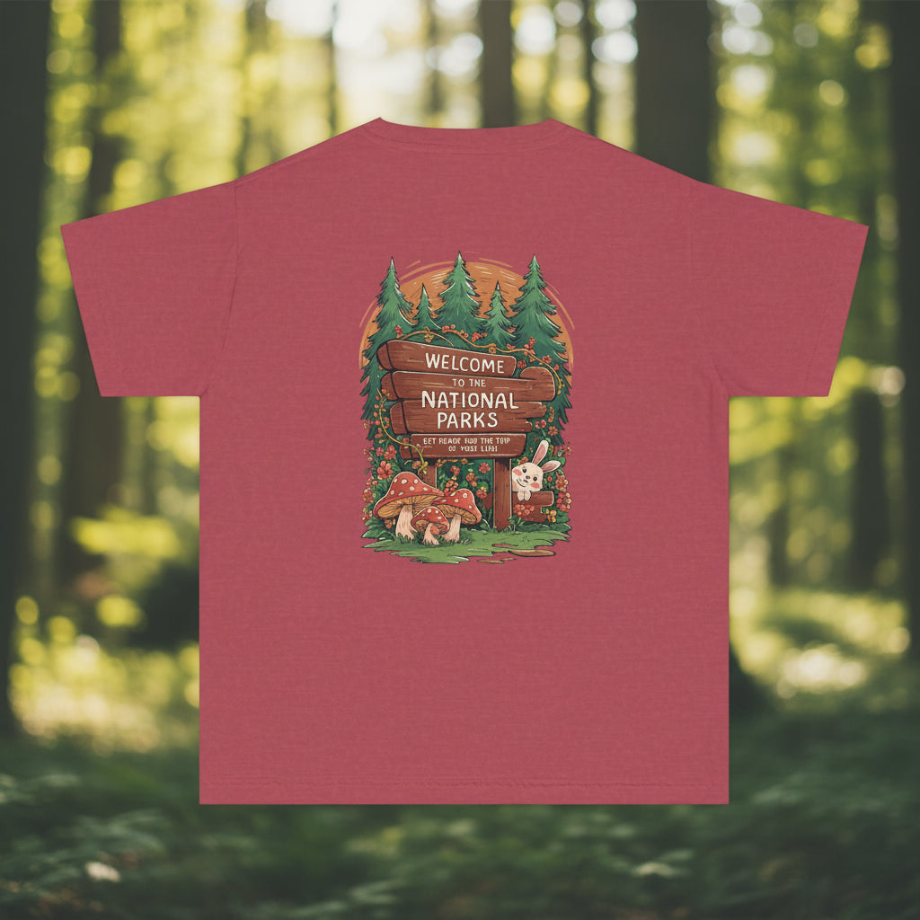 Red t-shirt with a nature-themed graphic on the back featuring trees, a national park sign, and animals.